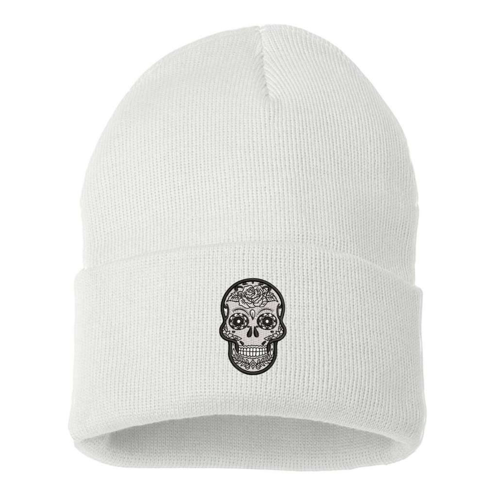 White cuffed beanie with sugar skull embroidered on the front - DSY Lifestyle