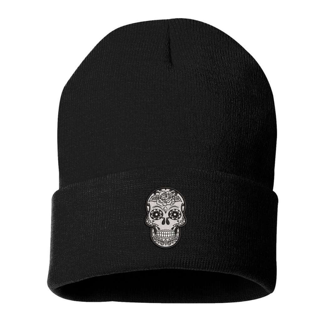 Black cuffed beanie with sugar skull embroidered on the front - DSY Lifestyle