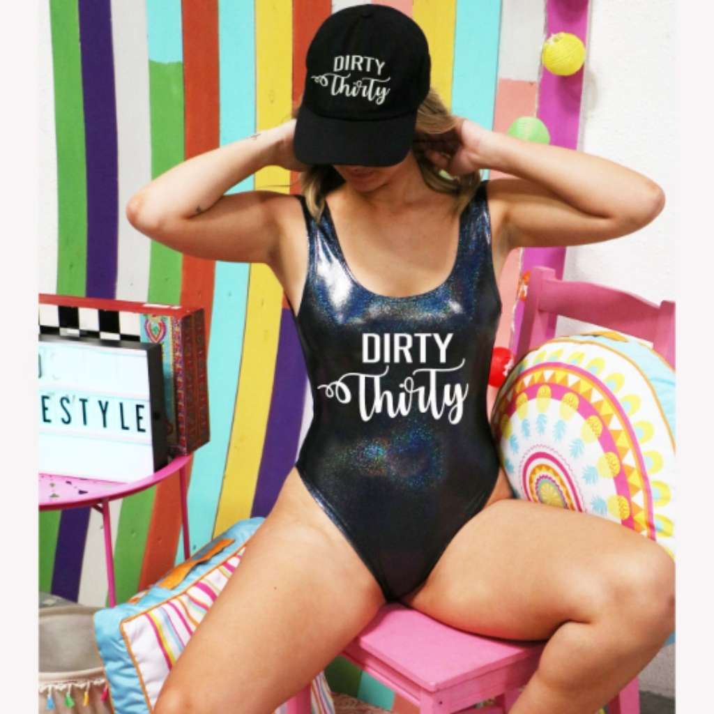 Holographic swimsuit printed with dirty thirty on the front - DSY Lifestyle