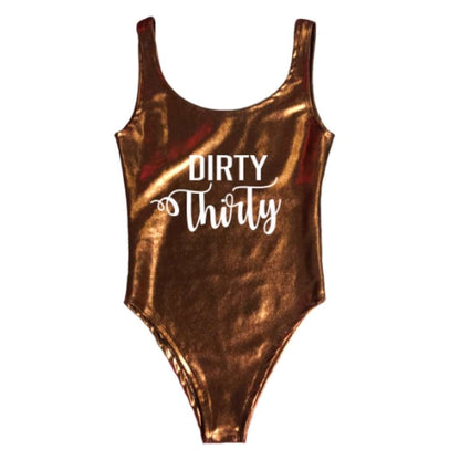 Holographic swimsuit printed with dirty thirty on the front - DSY Lifestyle