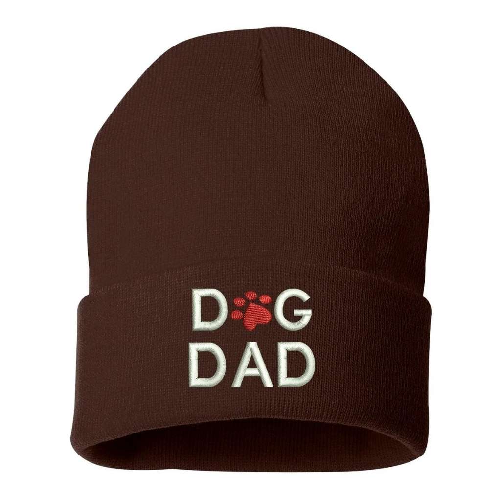 Brown beanie with Dog Dad embroidered in white with red dog paw - DSY Lifestyle