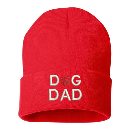 Red beanie with Dog Dad embroidered in white with red dog paw - DSY Lifestyle