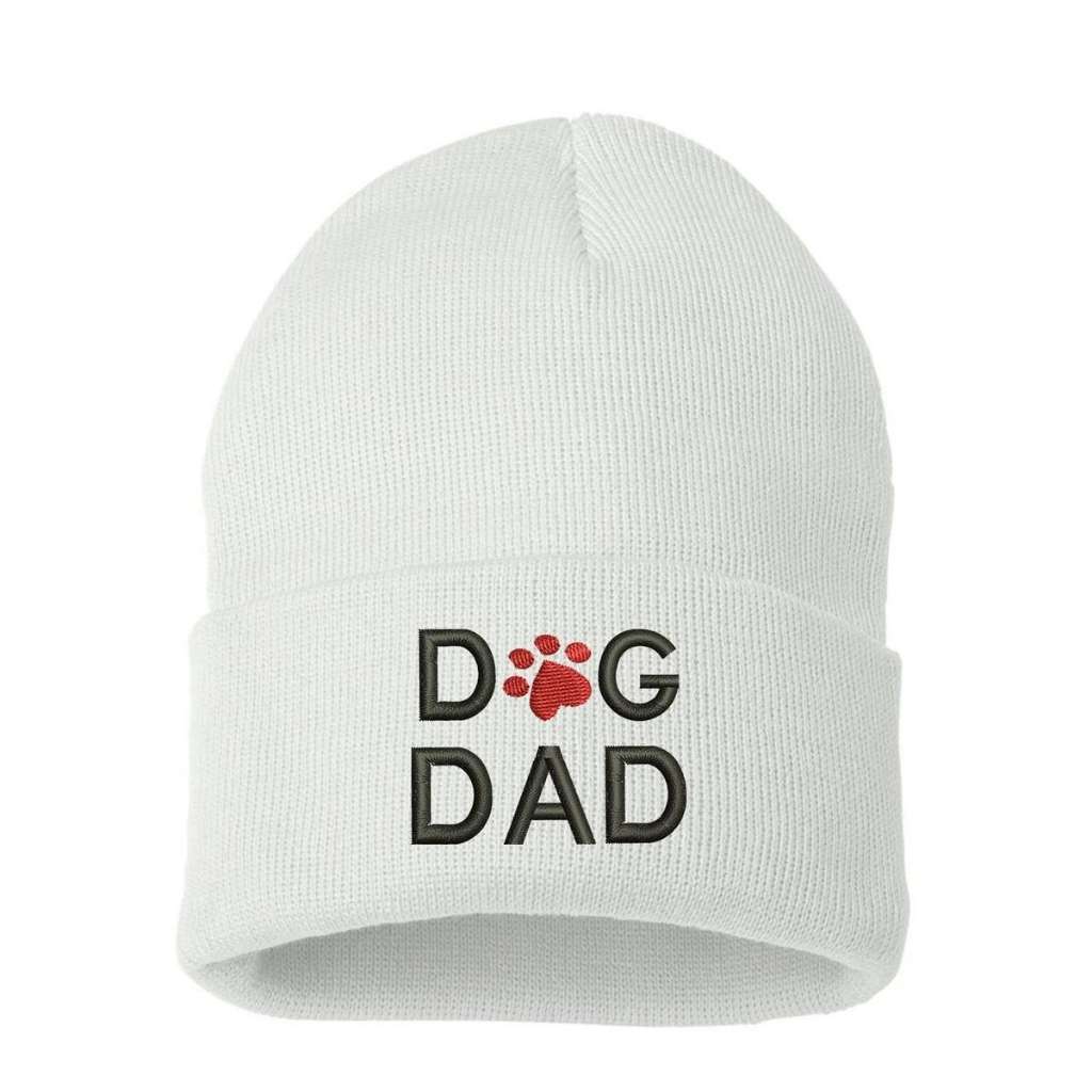 White beanie with Dog Dad embroidered in black with red dog paw - DSY Lifestyle