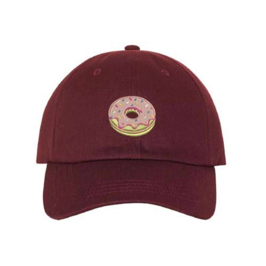 Burgundy baseball hat embroidered with pink donut emoji  - DSY Lifestyle