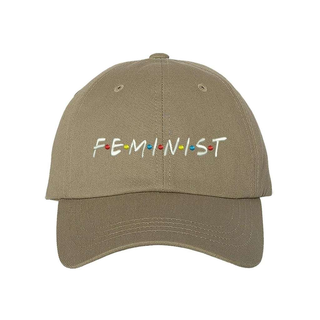 Khaki baseball hat with FEMINIST embroidered in white with multicolored dots in between letters - DSY Lifestyle