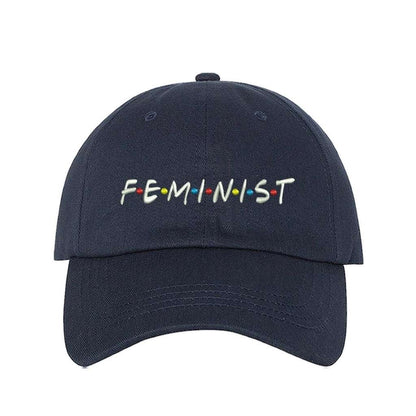 Navy blue baseball hat with FEMINIST embroidered in white with multicolored dots in between letters - DSY Lifestyle