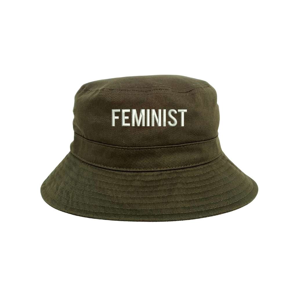 Embroidered Feminist on olive bucket hat - DSY Lifestyle
