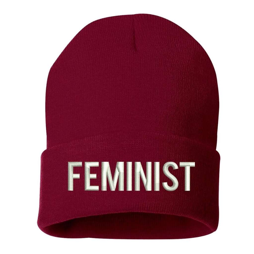 Burgundy cuffed beanie with FEMINIST embroidered in white - DSY Lifestyle