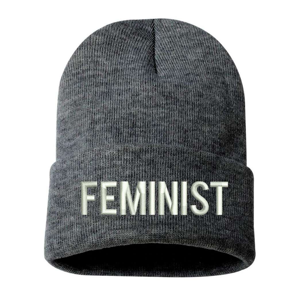 Charcoal heather cuffed beanie with FEMINIST embroidered in white - DSY Lifestyle