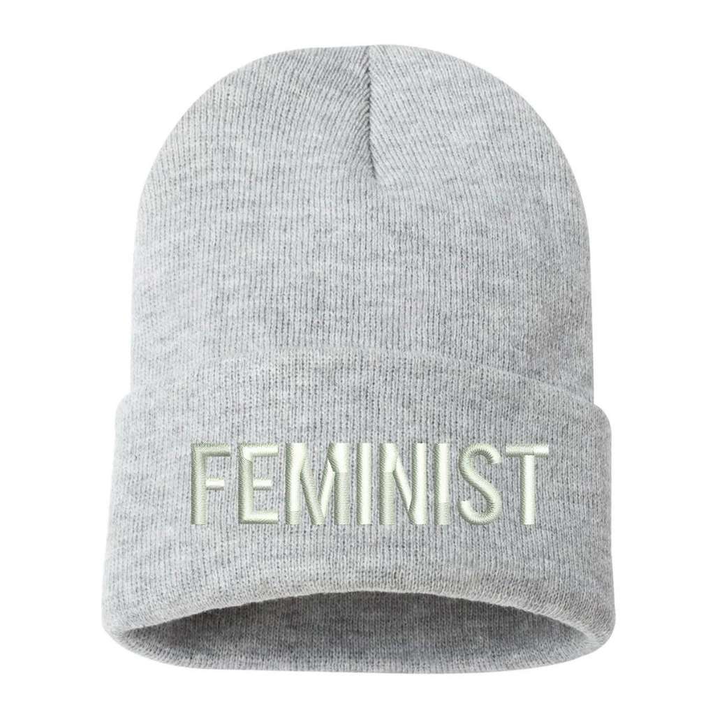 Light heather cuffed beanie with FEMINIST embroidered in white - DSY Lifestyle