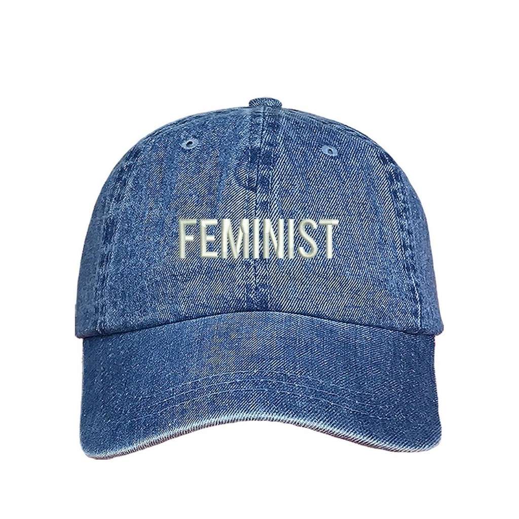 Light denim dad hat with FEMINIST embroidered in white - DSY Lifestyle