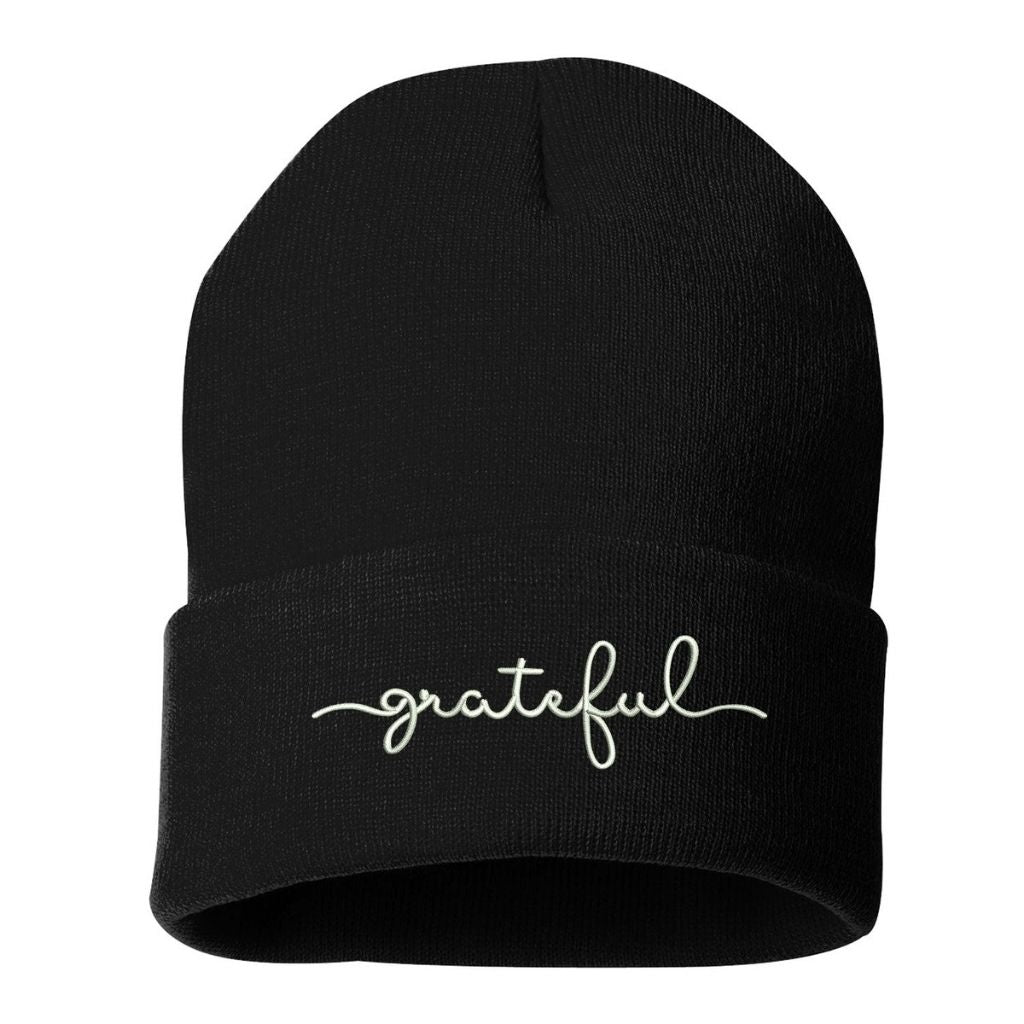 Black beanie embroidered with grateful in white thread - DSY Lifestyle