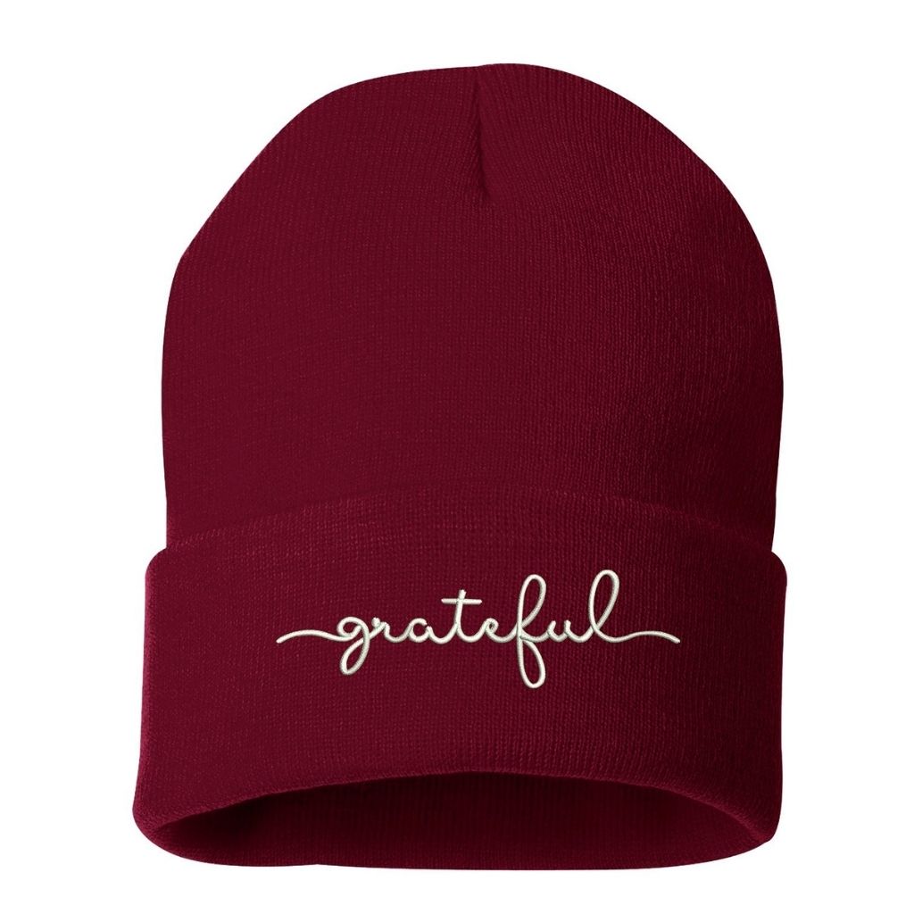 Burgundy beanie embroidered with grateful in white thread - DSY Lifestyle