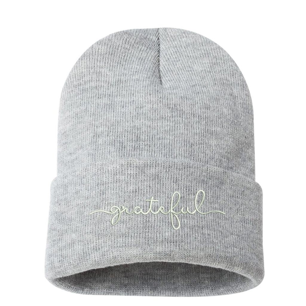 Heather gray beanie embroidered with grateful in white thread - DSY Lifestyle
