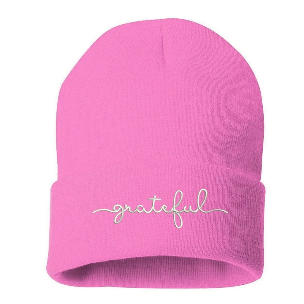 Pink beanie embroidered with grateful in white thread - DSY Lifestyle