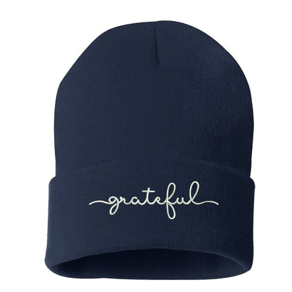 Navy beanie embroidered with grateful in white thread - DSY Lifestyle