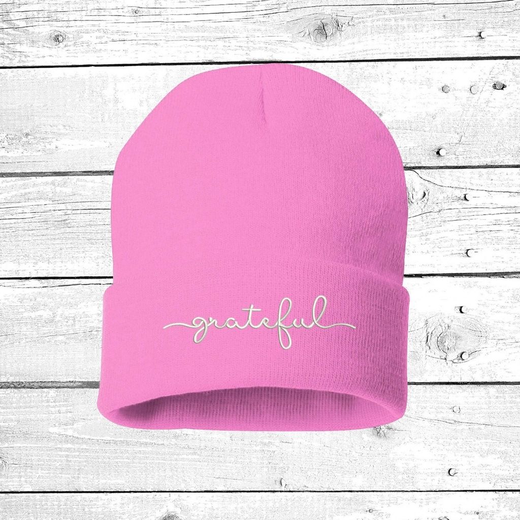Pink beanie embroidered with grateful in white thread - DSY Lifestyle