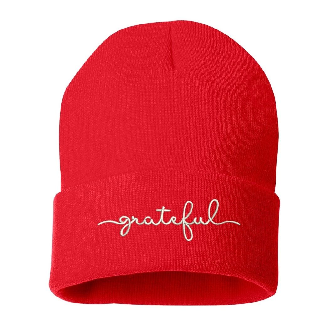 Red beanie embroidered with grateful in white thread - DSY Lifestyle