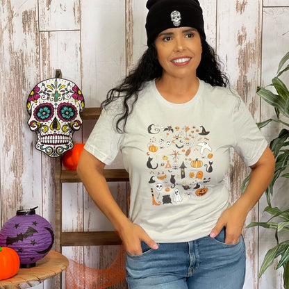 Female wearing an oversized unisex t-shirt with halloween doodles in the front - DSY  Lifestyle