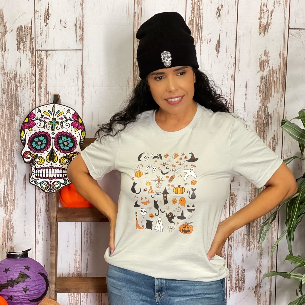 Female wearing an oversized unisex t-shirt with halloween doodles in the front - DSY  Lifestyle