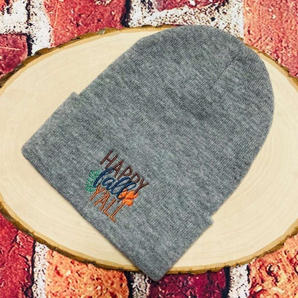 Dark Heather Grey cuffed beanie with Happy Fall Ya&