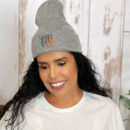 Model wearing Dark Heather Grey cuffed beanie with Happy Fall Ya&