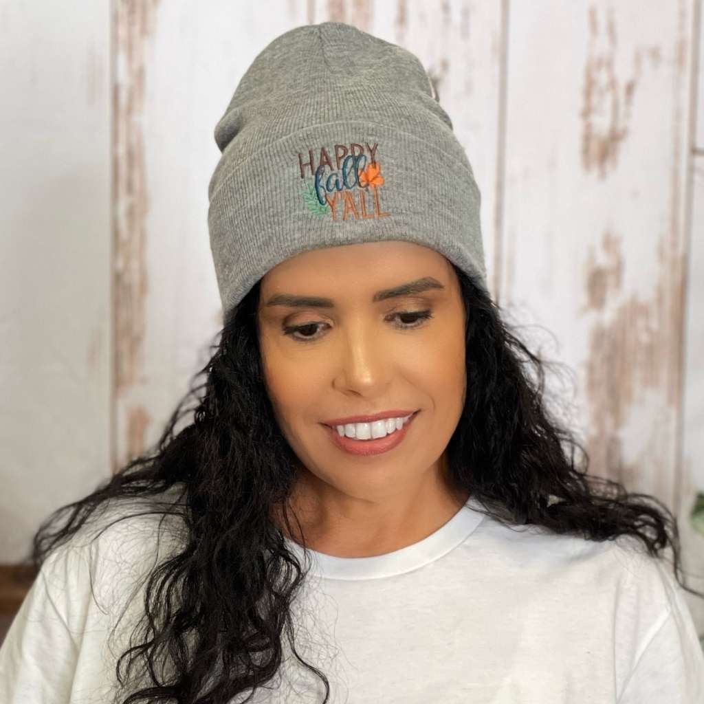 Model wearing Dark Heather Grey cuffed beanie with Happy Fall Ya&