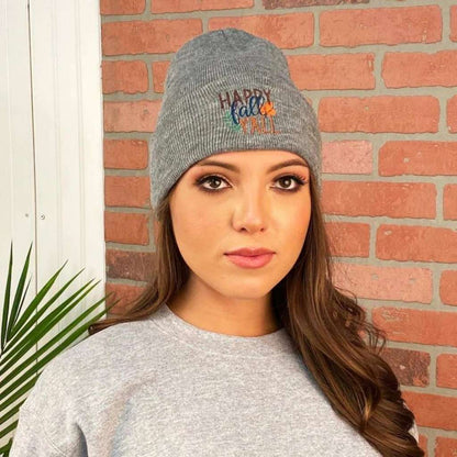 Model wearing Dark Heather Grey cuffed beanie with Happy Fall Ya&