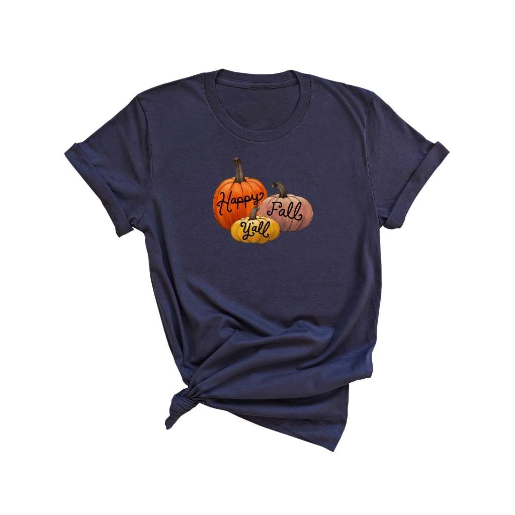 Female wearing a navy unisex t-shirt with Happy Fall Ya&