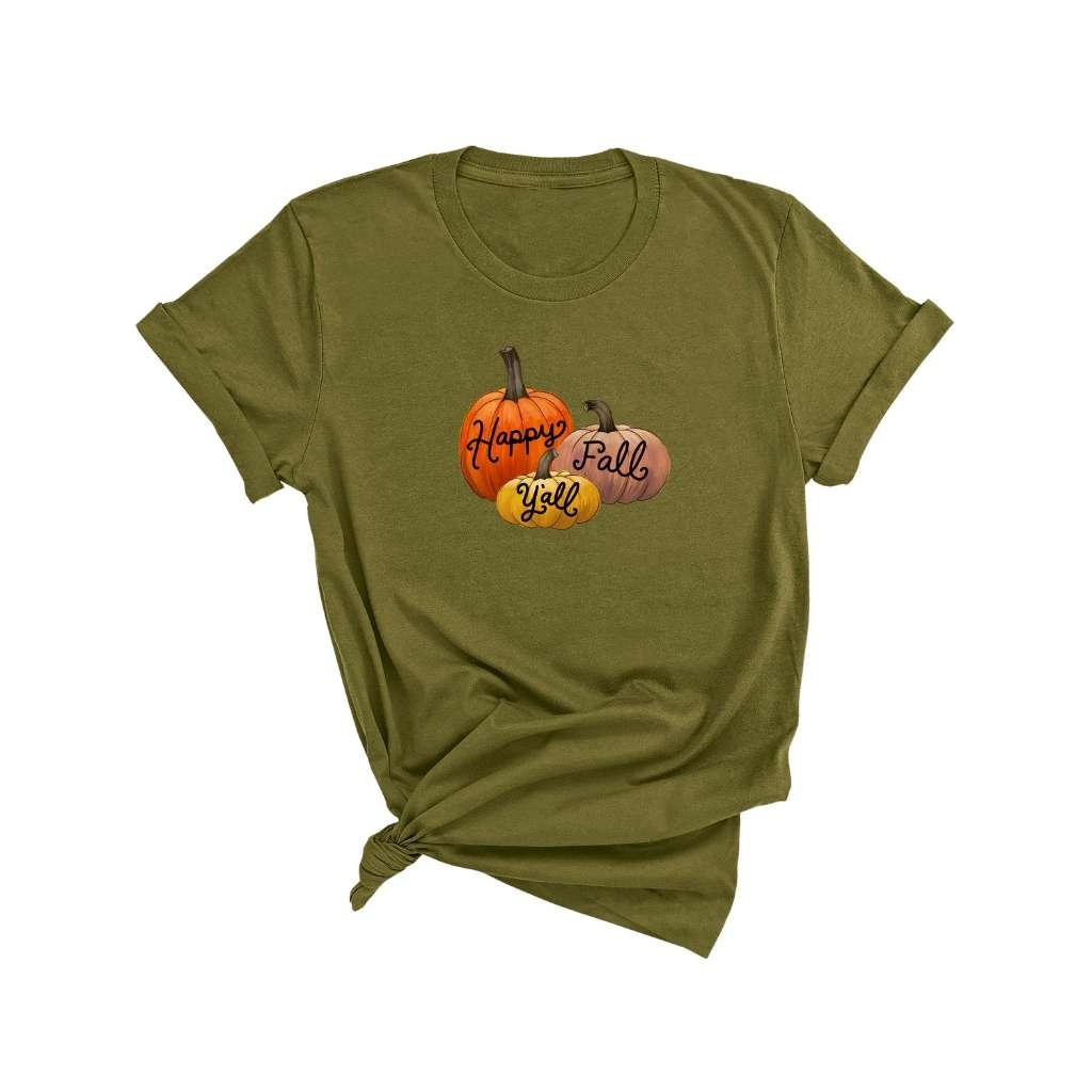 Female wearing a olive unisex t-shirt with Happy Fall Ya&