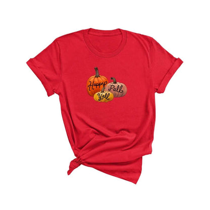 Female wearing a red unisex t-shirt with Happy Fall Ya&