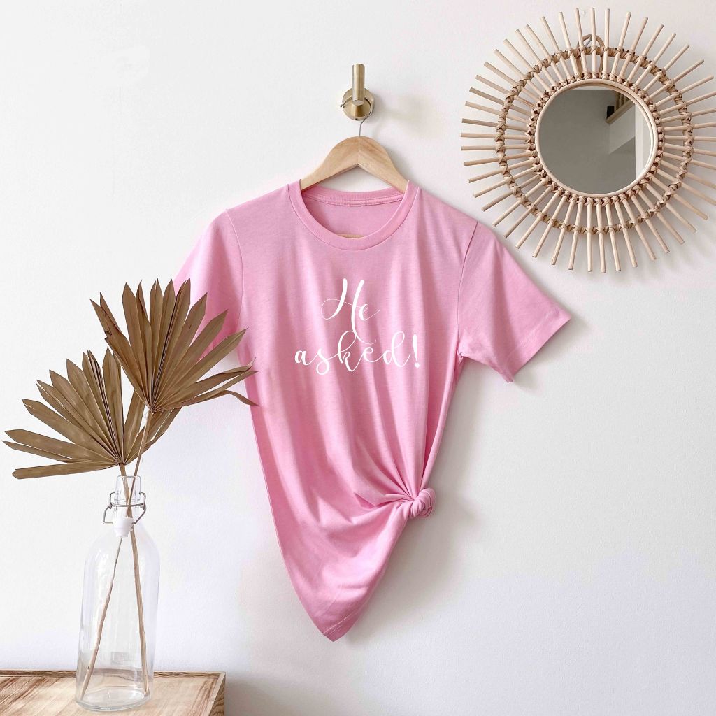 Pink t-shirt with He asked! printed - DSY Lifestyle