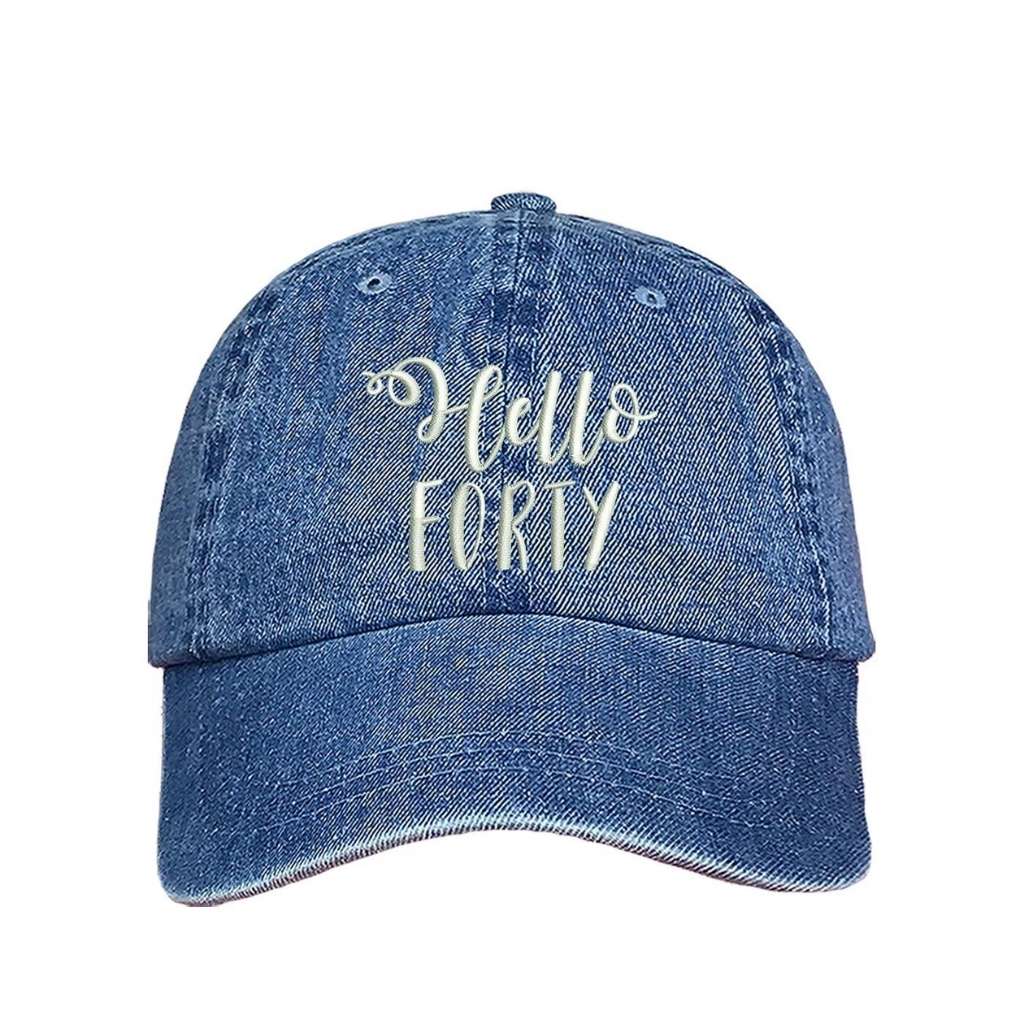 Light denim baseball hat with Hello Forty embroidered in white - DSY Lifestyle