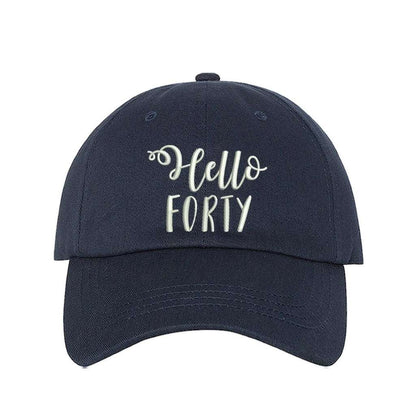 Navy blue baseball hat with Hello Forty embroidered in white - DSY Lifestyle