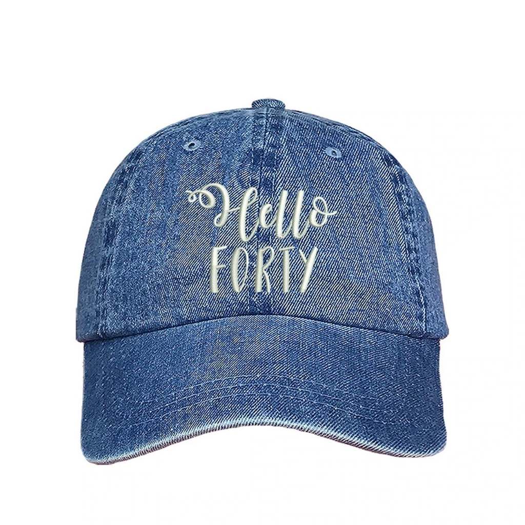 Light denim baseball hat with Hello Thirty embroidered in white - DSY Lifestyle