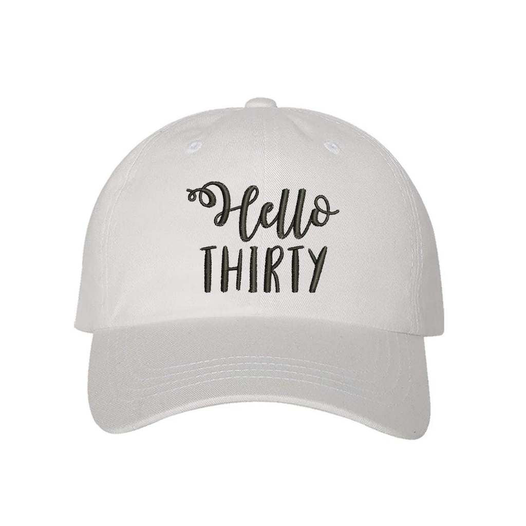 White baseball hat with Hello Thirty embroidered in black - DSY Lifestyle