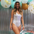 Female wearing a white glitter holographic one piece swimsuit - DSY Lifestyle