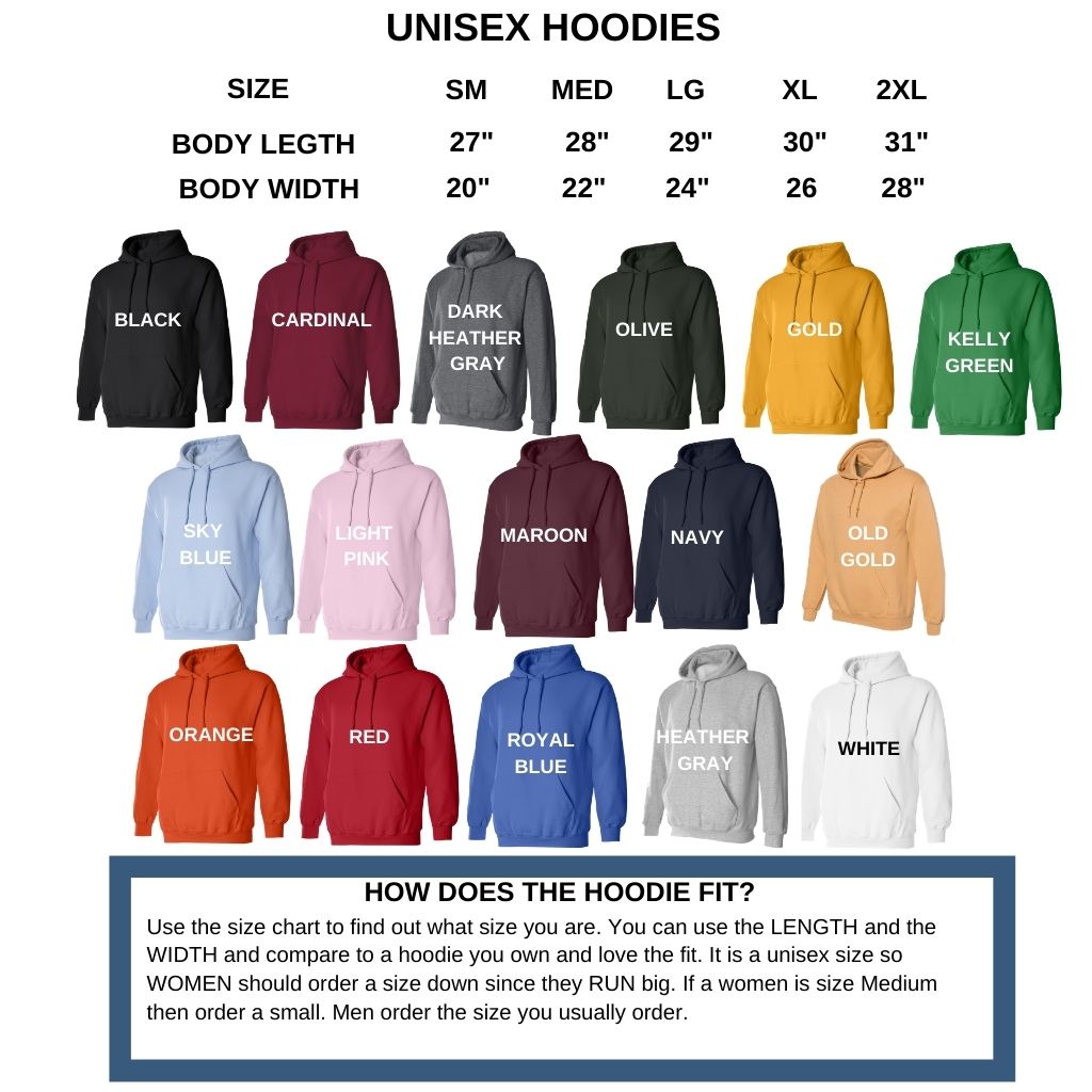 Unisex hoodie sweatshirt size and color chart available in black cardinal dark heather gray olive gold kelly green sky blue light pink maroon navy old gold orange red royal blue heather gray and white - DSY Lifestyle