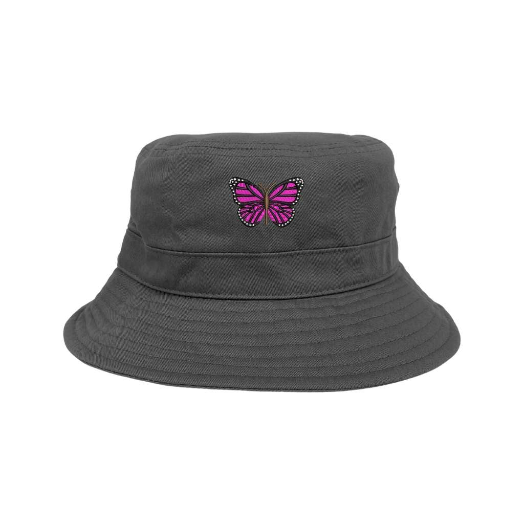 Embroidered hot pink butterfly on grey bucket hat - DSY Lifestyle