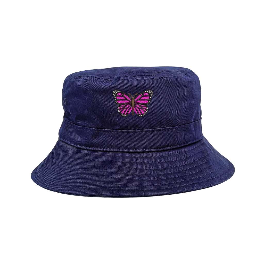 Embroidered hot pink butterfly on navy bucket hat - DSY Lifestyle