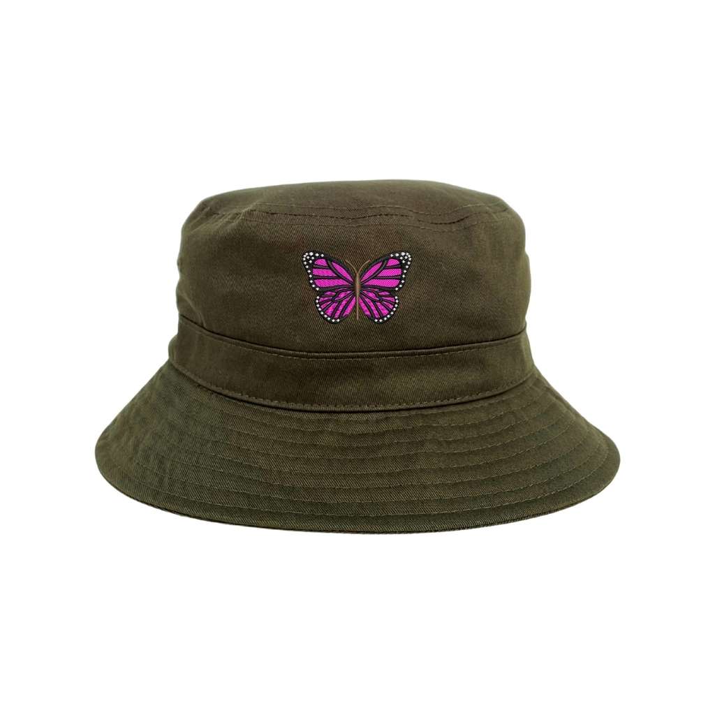 Embroidered hot pink butterfly on olive bucket hat - DSY Lifestyle