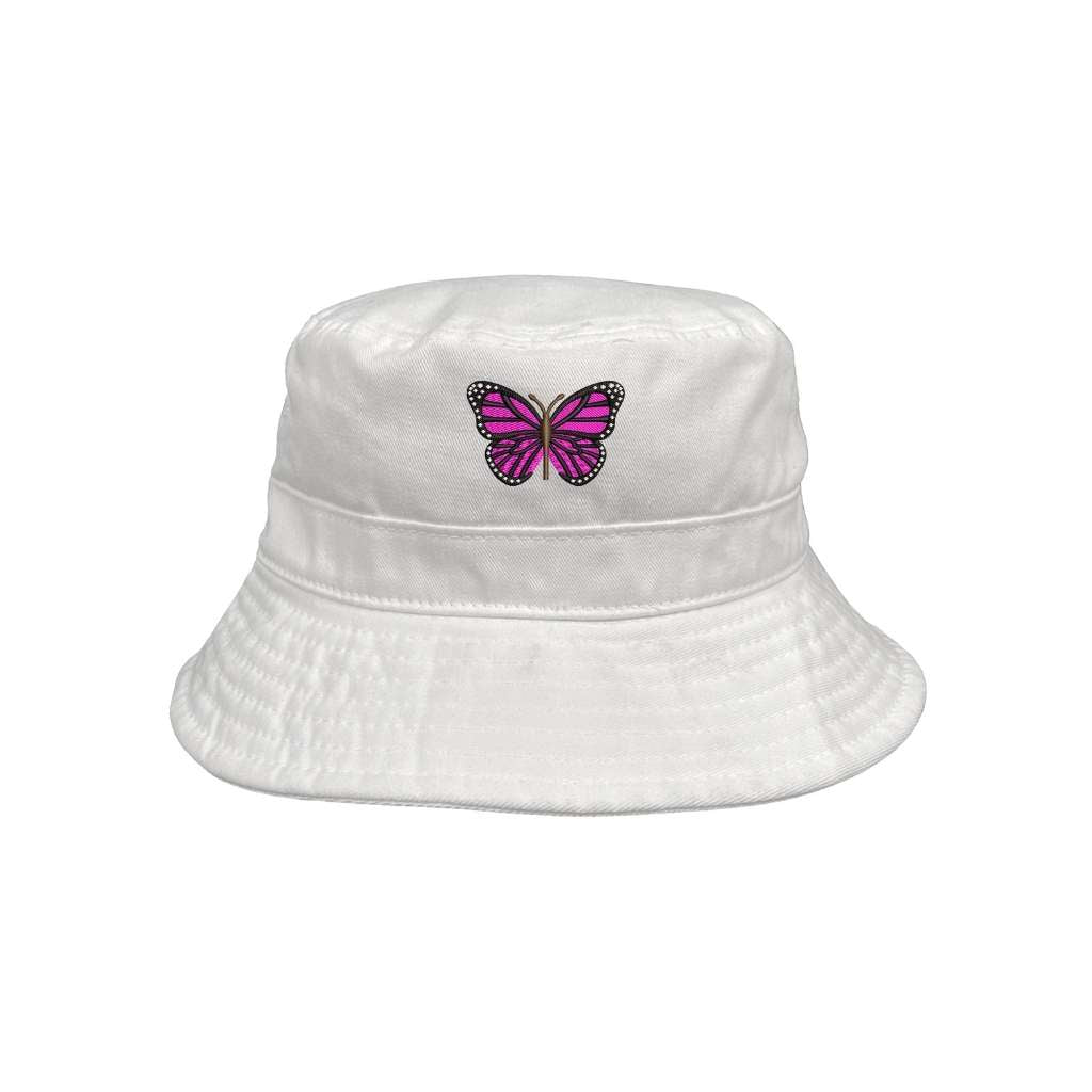 Embroidered hot pink butterfly on white bucket hat - DSY Lifestyle