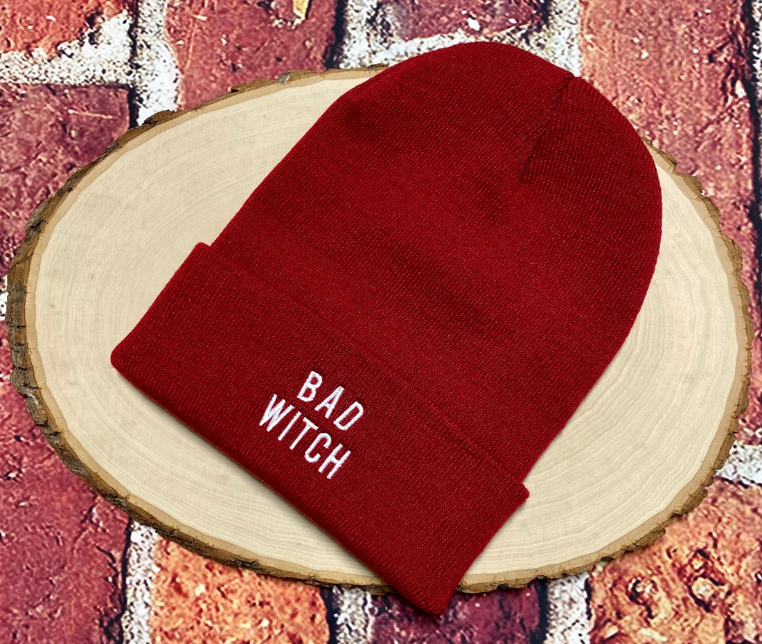 Unisex Bad Witch Cuffed Beanie Cap, Embroidered Bad Witch Beanie, Cuffed Beanie, Bad Witch, DSY Lifestyle Beanie, Burgundy Beanie Cap, Made in LA