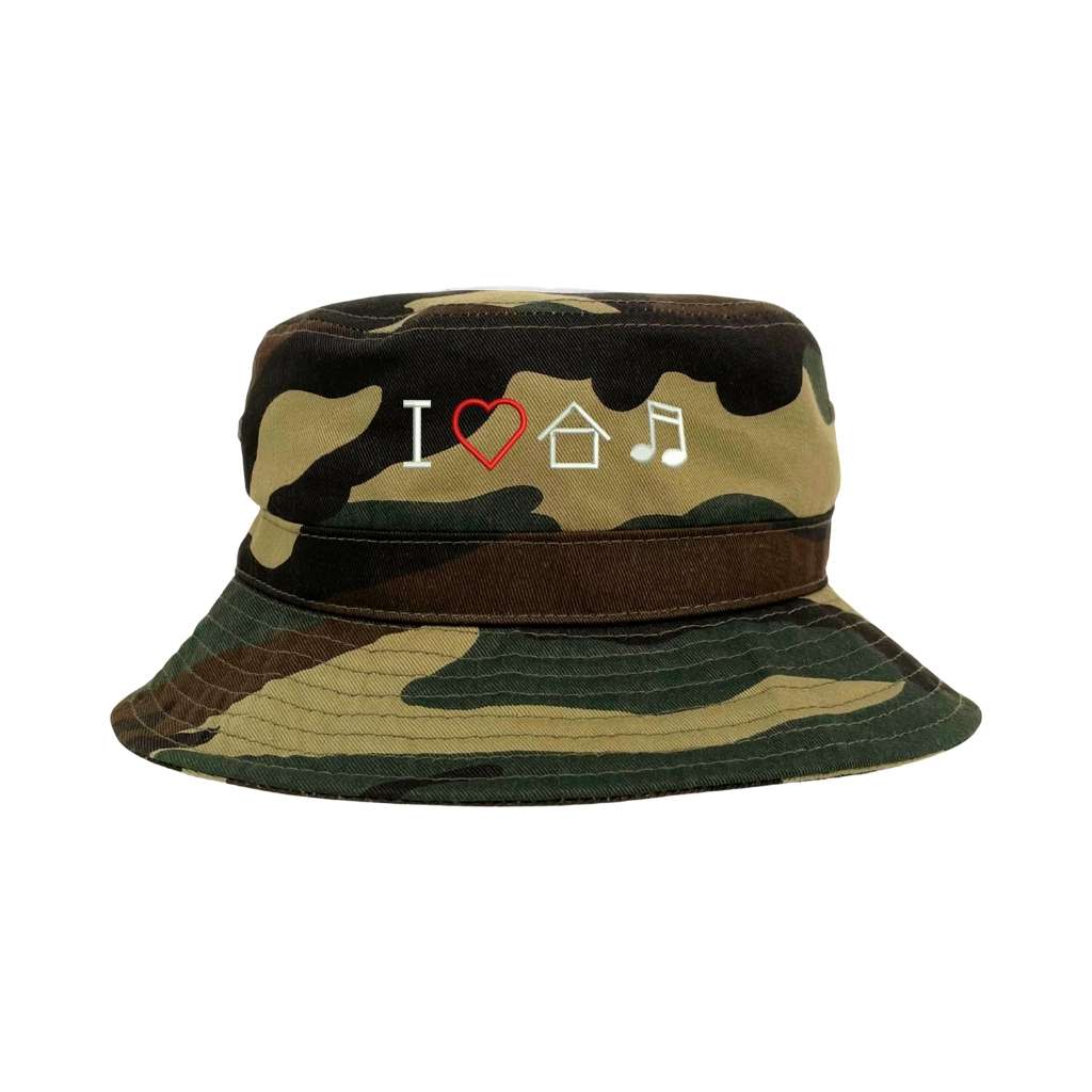 Embroidered I Love House Music on camo bucket hat - DSY Lifestyle