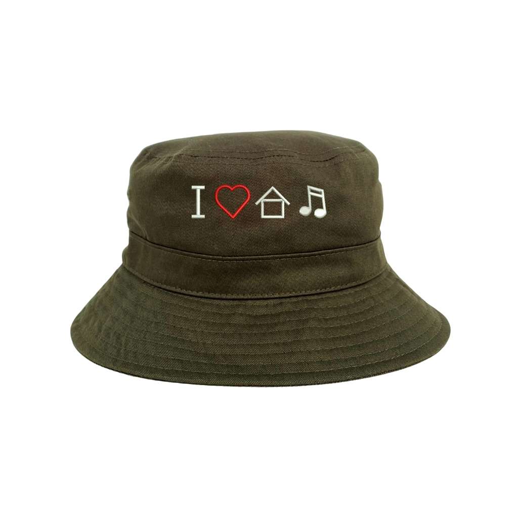 Embroidered I Love House Music on olive bucket hat - DSY Lifestyle