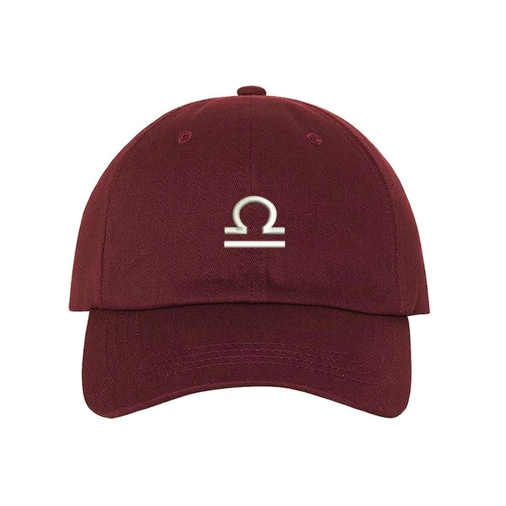 Burgundy baseball hat with Libra zodiac symbol embroidered in white - DSY Lifestyle