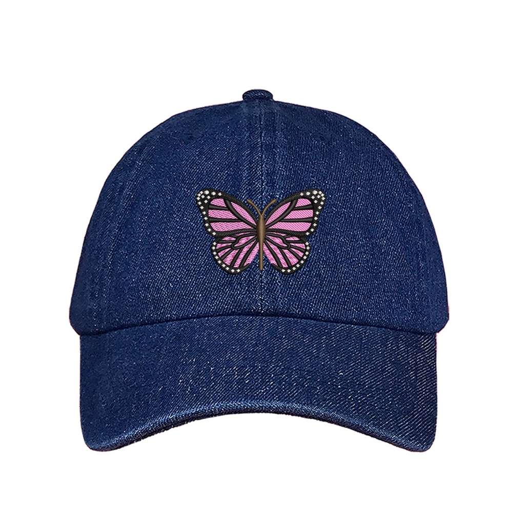 Embroidered light pink butterfly on dark denim baseball hat - DSY Lifestyle