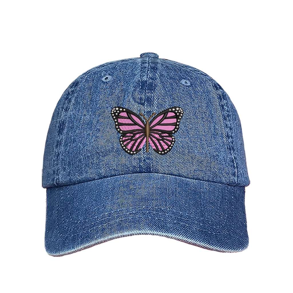 Embroidered light pink butterfly on light denim baseball hat - DSY Lifestyle