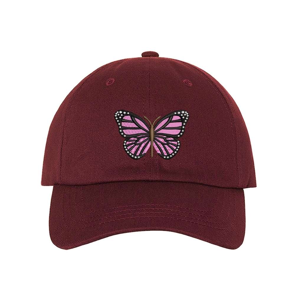 Embroidered light pink butterfly on burgundy baseball hat - DSY Lifestyle