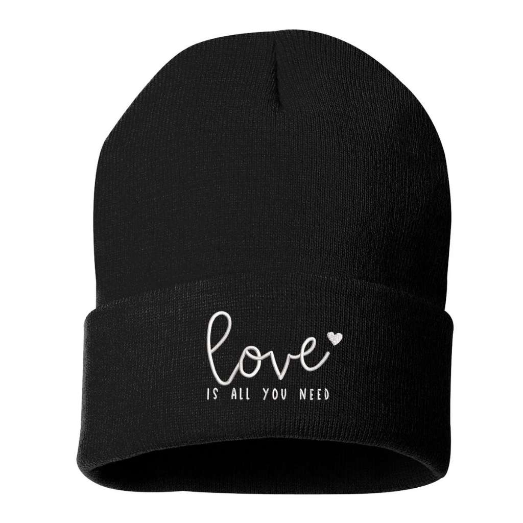 Black cuffed beanie with Love Is All You Need embroidered in white - DSY Lifestyle